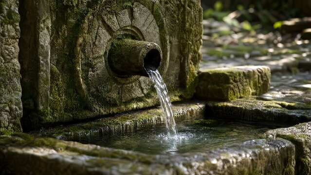 wellhead. Close-up of an ancient mossy stone wellhead with water flowing into a basin. real-estate listings.