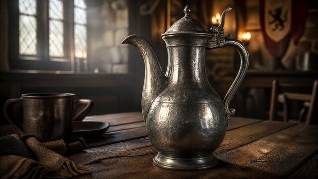flagon. Medieval pewter flagon with hammered texture on rustic wooden tavern table. bar promotions, beverage menus, designed for food & beverage menus and cafe branding, used by project managers.