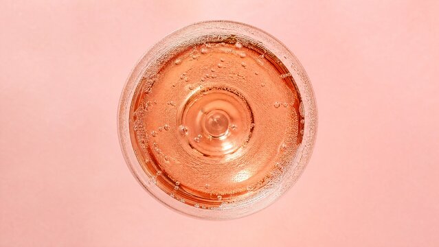 brut. Sparkling ros&eacute; wine glass with condensation droplets, set against a soft pastel pink background. bar promotions, beverage menus, designed for product packaging and bar promotions.