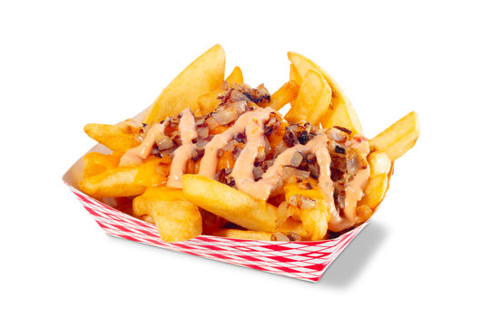 Loaded french fries with cheese, onions and pink sauce isolated on white background