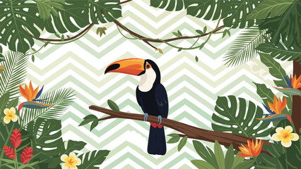 Obraz premium Colorful toucan perched on a branch in a tropical jungle setting with exotic flowers and large green palm leaves.