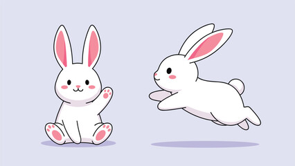 Obraz premium Set of two cute white cartoon rabbits including one sitting and waving and another jumping through the air for kids books.