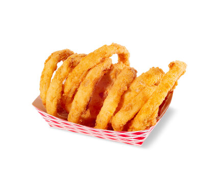 2. Crispy onion rings in basket isolated on white background
