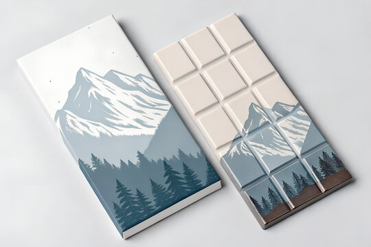 Minimal Swiss chocolate bar packaging, clean geometric layout, alpine mountain inspiration, elegant silver foil texture, sophisticated luxury style, no letters