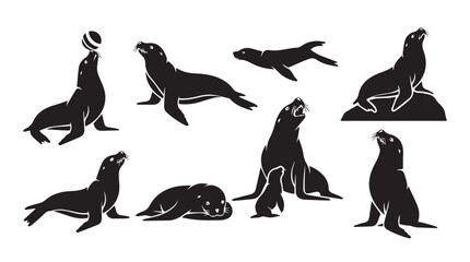 Fototapeta premium Seal silhouettes in various poses against a white background for versatile design applications