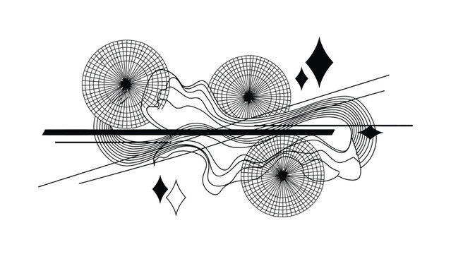 Abstract geometric composition with wireframe circles and flowing lines.