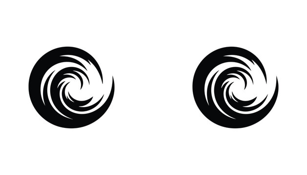 Abstract spiral vortex or hurricane icon in solid black silhouette and outline style vector illustration