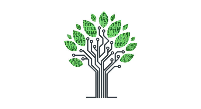 Digital Tree Logo with Circuit Board Branches and Binary Code Leaves Representing Green Technology and Sustainable Innovation