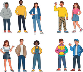 Obraz premium Vector Illustration of Diverse Young People Standing in Casual Outfits, Featuring Men and Women in Modern Clothing