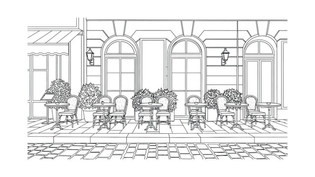 Hand drawn illustration of a classic Parisian street cafe with tables and chairs.