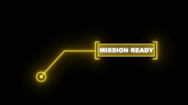 Yellow digital HUD callout animation featuring mission ready text with glowing neon lines for futuristic gaming interface design, tech dashboards, and mission objective concepts.