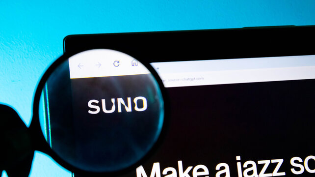 Closeup of a magnifying glass over the suno ai website logo on a computer screen, representing artificial intelligence music generation