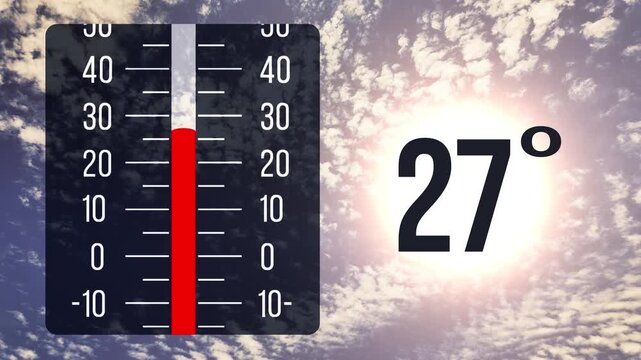 High temperature concept with a bright sun and rising thermometer, ideal for heatwave, global warming, summer danger, and weather crisis themes