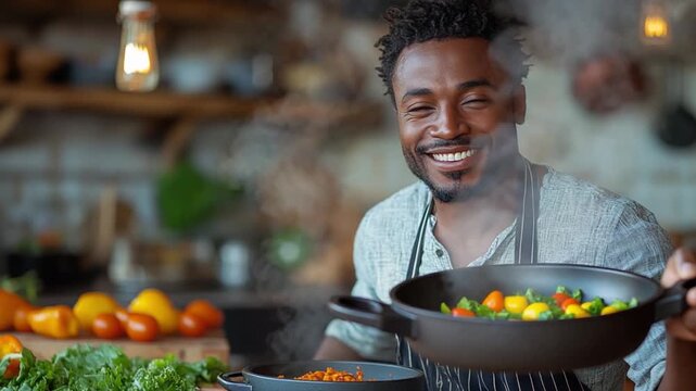 Joyful Culinary Creation: A man with a radiant smile joyfully stirs vegetables in a pan, steam rising from a delicious meal being prepared in a cozy, well-lit kitchen.