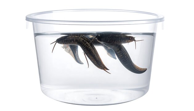 Three elongated, segmented creatures are partially submerged in clear water within a translucent plastic container. Isolated on white
