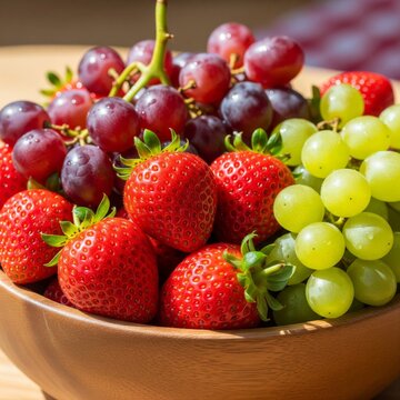 Wooden Bowl Filled with Red Strawberries and Green Purple Grapes