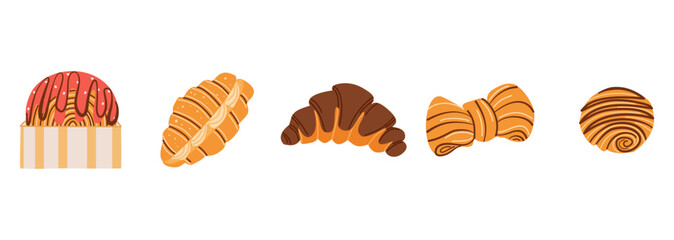 Set of hand-drawn French pastries and croissants featuring a chocolate-covered croissant, a cruffin with berry glaze, a filled croissant, and unique pastry shapes. Collection of fresh bakery products  © Марина Мигаль