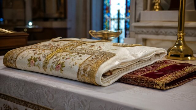 liturgical. Carefully folded embroidered liturgical vestments on a church altar with intricate gold thread details. event programs.