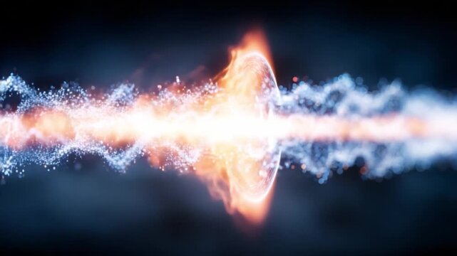 Cosmic Collision: Abstract particles and energy fields collide and merge, creating a vibrant, ethereal spectacle of light and motion. A mesmerizing glimpse into the fundamental forces of the universe.