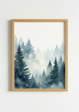 Framed Watercolor Painting of Forest Trees in Foggy Weather