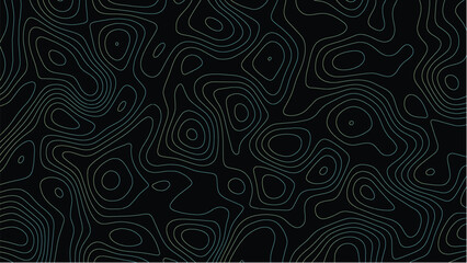 Topographic map pattern with flowing teal and green contour lines on a solid black background representing elevation data or fluid movement in a style © VxGFX