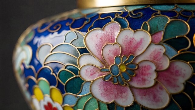 cloisonne. Extreme close-up of a cloisonne vase with vibrant floral patterns. event programs, museum guides, designed for cultural heritage projects and event programs, elevates cultural identity.