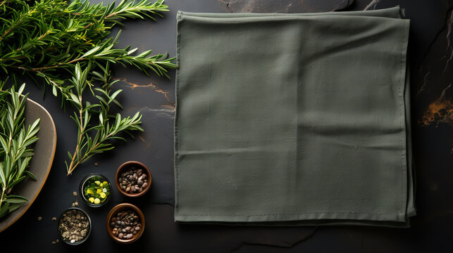 Folded black napkins on black stone background with green leaves. Eco friendly Mock up for display or montage of dishes, food or washing detergent.