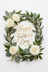Oval olive and eucalyptus wreath with white roses and gold "happy father's day" script for father's day card design and floral greeting background