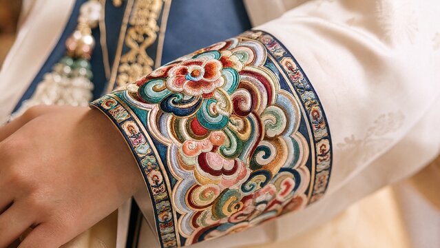 tenet. Detailed dancheong patterns embroidered on the cuff of a traditional hanbok sleeve. event programs, museum guides, designed for cultural heritage projects and event programs.