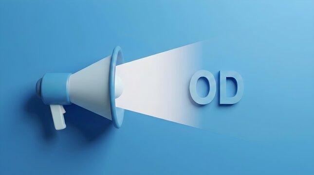 Blue Megaphone Announcing OD Overdraft Text with Light Beam for Banking Alerts and Financial Warning Concepts