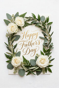 Oval olive and eucalyptus wreath with white roses and gold "happy father's day" script for father's day card design and floral greeting background