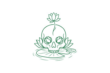 Skull with lotus flower and lily pad floating on water gothic botanical line art illustration © Rahmat Chowdhury