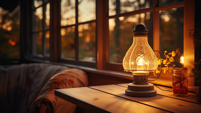 lantern on windowsill. autumn seasonal composition. symbol of fall time. Mabon, thanksgiving, halloween concept. home comfort. autumn equinox holiday