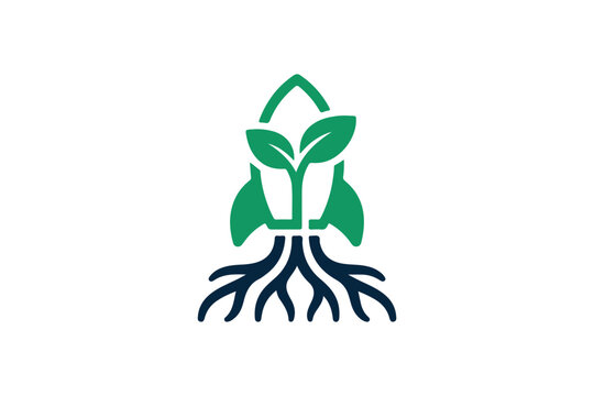 Green plant seedling with roots shaped as rocket launch icon for eco growth logo design
