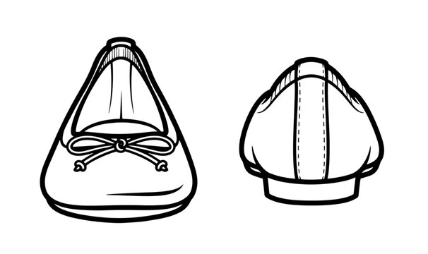 Vector line art technical sketch of ballet flats , front and back views.