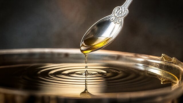 anointing. Silver spoon dripping olive oil onto water, creating concentric rings. STEM education sheets, lab safety posters, designed for STEM education and laboratory safety posters.