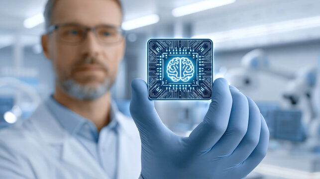 Scientist in glove holding neural processor chip with brain circuit icon in laboratory, high tech research and innovation feeling
