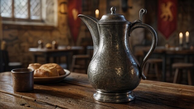 flagon. Medieval pewter flagon with hammered texture on rustic wooden tavern table. bar promotions, beverage menus, designed for food & beverage menus and cafe branding, used by project managers.