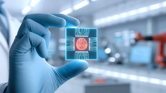 Gloved hand holding glowing neural chip with circuit lines and brain icon in high tech laboratory, futuristic and clinical