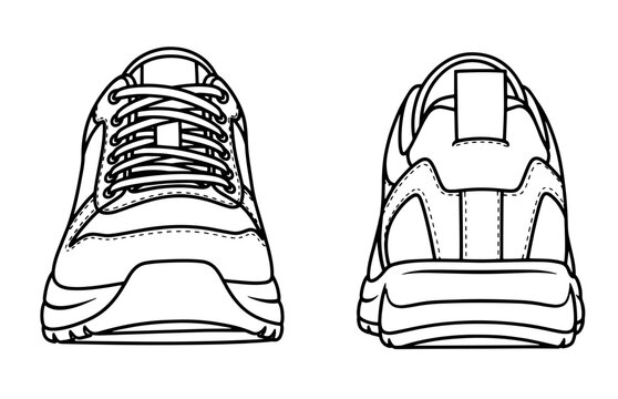 Vector line art technical sketch of sneakers, front and back views.