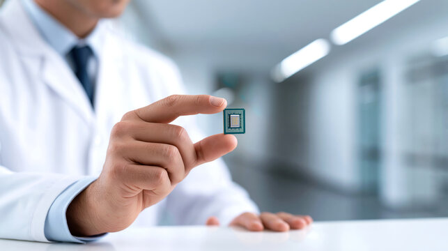 Doctor holding microchip between fingers in laboratory corridor showing tiny semiconductor sensor with clinical focus and modern technology