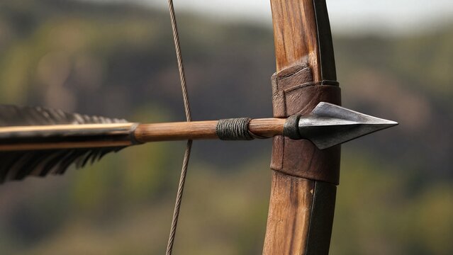 nocked. A single arrow nocked on a bowstring, focus on the arrowhead. event key visuals, club posters, designed for fitness apps and gym onboarding, used by event planners.