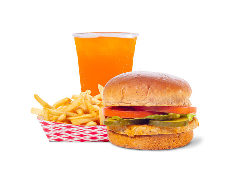 Classic chicken sandwich combo with french fries and cold beer isolated on white background