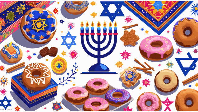 Jewish holiday celebration with donuts and menorah in colorful design