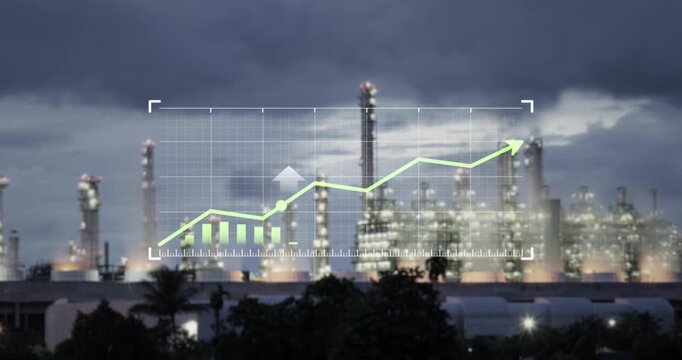 Financial chart overlays power plant and oil refinery, symbolizing global energy economic growth. Represent rising market prices, increased production and demand for petroleum and power generation.