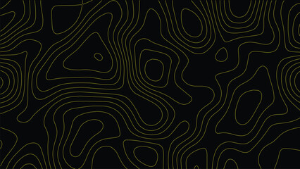Fototapeta premium Thin gold contour lines forming an abstract topographic map pattern against a solid black background with organic flowing shapes and concentric circular formations