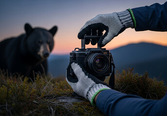 Obraz premium A person's gloved hands adjust a camera, capturing a moment with a black bear in the background during a beautiful sunset.