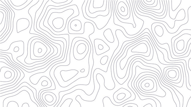 Topographic map contour lines pattern with thin grey strokes on a white background representing elevation levels and geographic terrain mapping data for navigation and cartography visualization