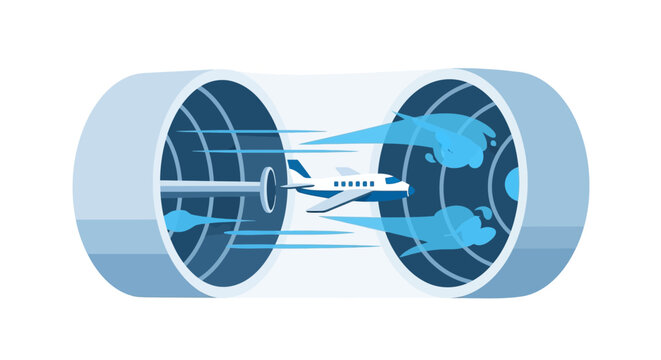 Conceptual Airplane Illustration Flying Through Wind Tunnel and Jet Engine Turbine