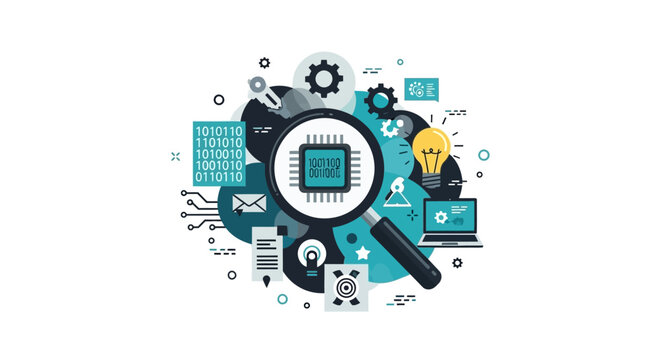 Technology and Data Analysis Illustration Featuring Microchip Engineering, Magnifying Glass, Binary Code, and Innovation Icons on White Background